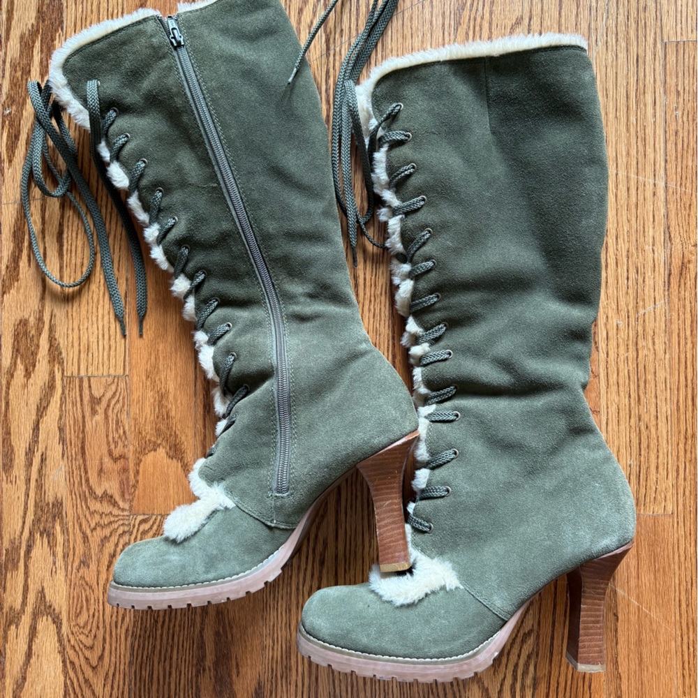 Colin Stuart Green Fur-Lined Lace-Up Boots 10
